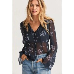 LoveShackFancy Pixie Blouse Women's Size XS Blue Heron Floral Ruffle Top NWT